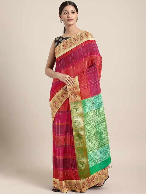 

Pothys Pink & Orange Silk Cotton Checked Saree
