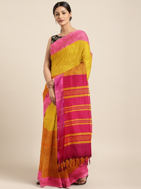 

Pothys Mustard Yellow & Pink Checked Silk Cotton Saree