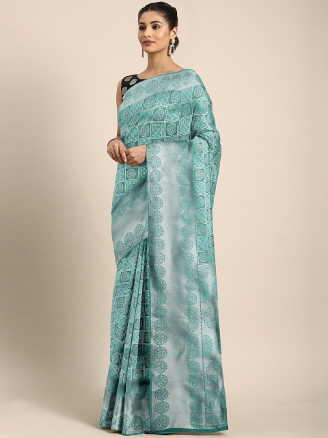 

Pothys Silver-Toned & Sea Green Art Silk Checked Saree