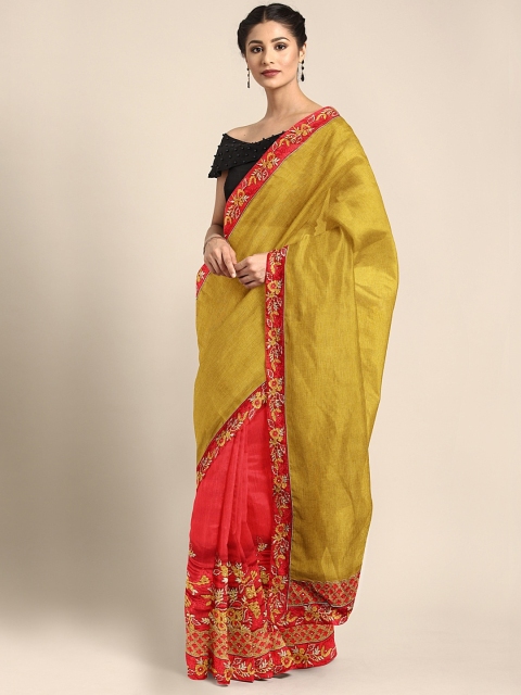 

Pothys Mustard Yellow & Red Jute Silk Solid Half and Half Saree