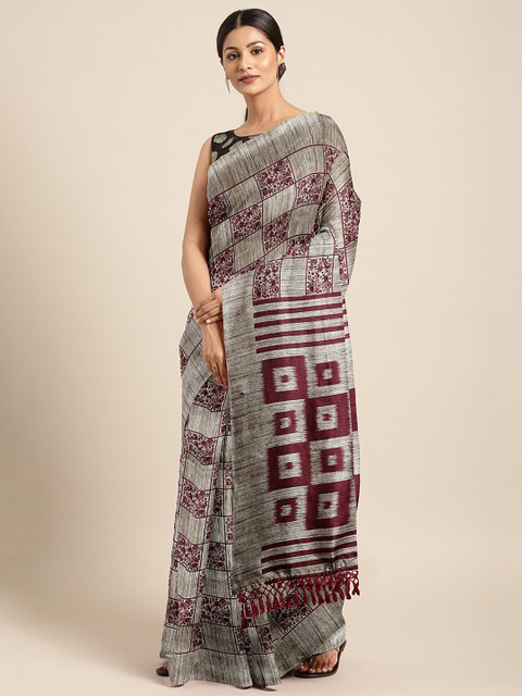 

Pothys Grey & Burgundy Jute Cotton Printed Saree