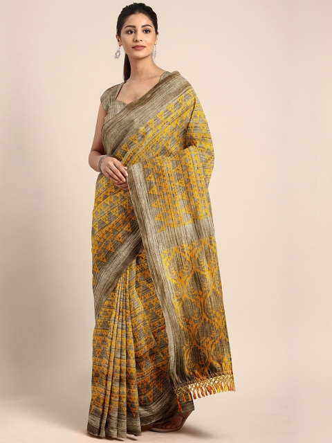 

Pothys Mustard Yellow & Grey Geometric Printed Jute Cotton Saree