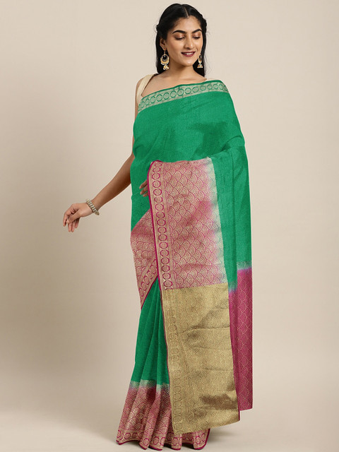

Pothys Green & Pink Jute Silk Woven Design Saree