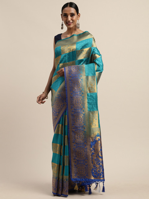 

Pothys Turquoise Blue & Gold-Toned Jute Silk Woven Design Saree