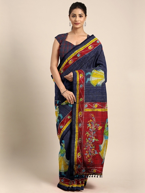 

Pothys Navy Blue & Red Jute Cotton Printed Saree