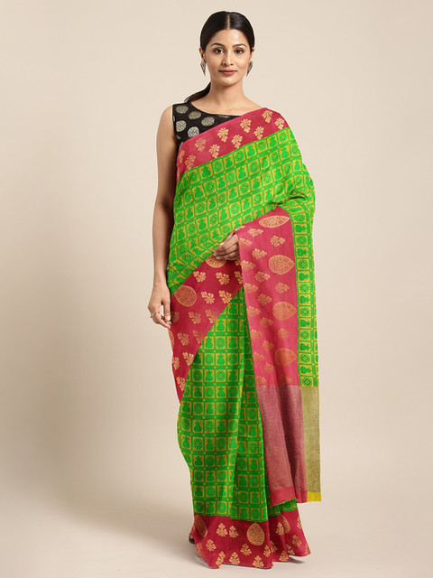 

Pothys Green & Mustard Yellow Tissue Woven Design Tanchui Silk Saree