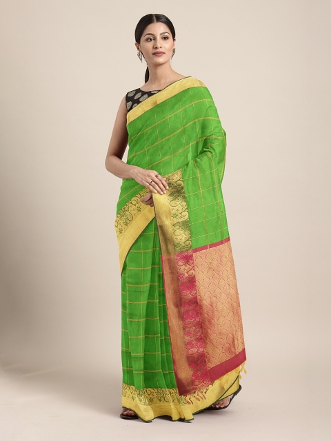 

Pothys Green & Gold-Toned Checked Silk Cotton Saree