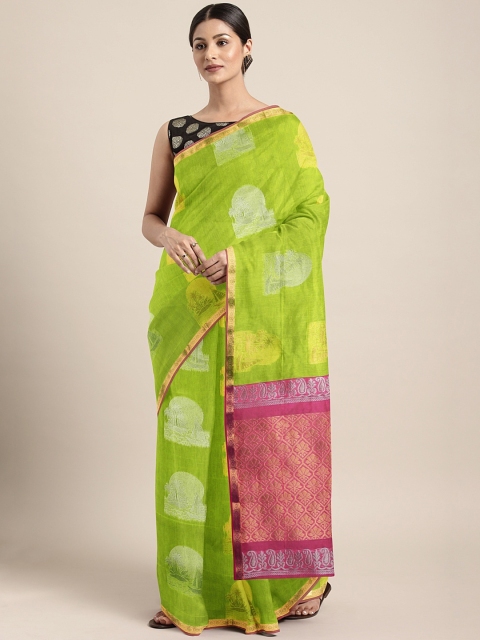 

Pothys Fluorescent Green & Pink Silk Cotton Woven Design Saree