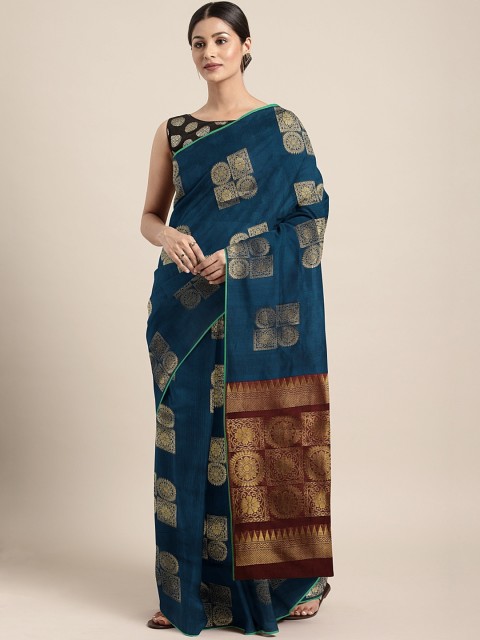 

Pothys Teal Blue & Golden Silk Cotton Woven Design Saree