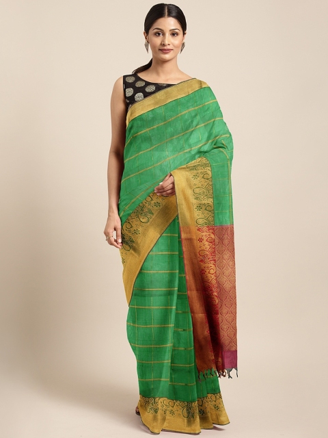 

Pothys Green & Gold-Toned Checked Silk Cotton Saree