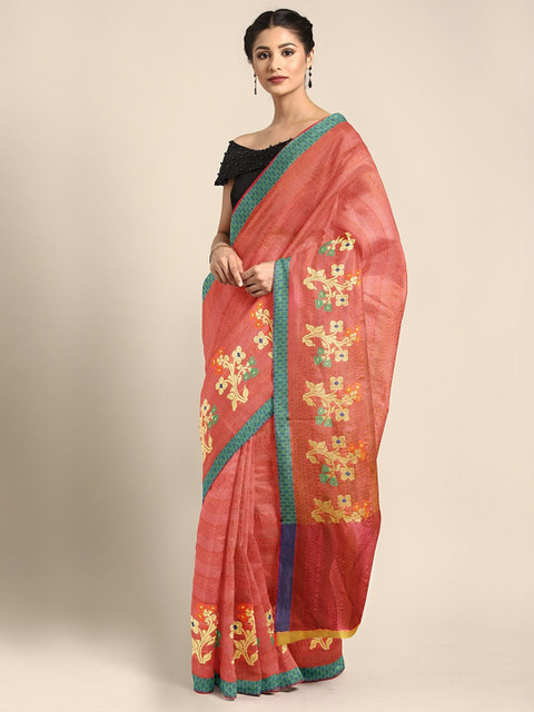 

Pothys Coral Pink & Cream-Coloured Tissue Printed Tanchui Silk Saree
