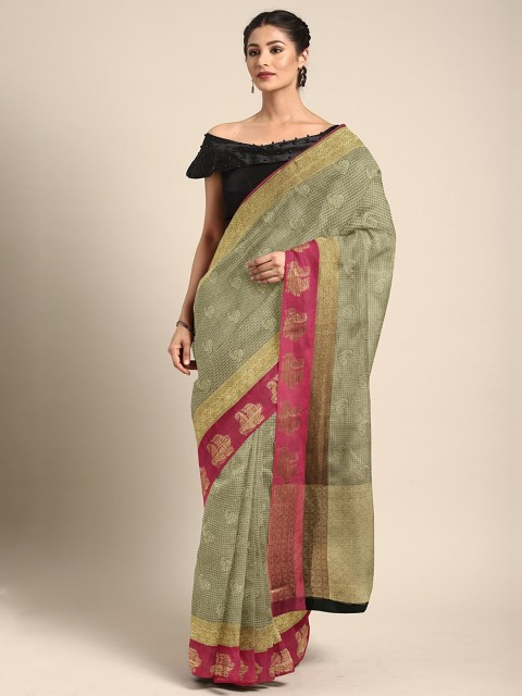

Pothys Olive Green & Pink Tissue Woven Design Tanchui Silk Saree