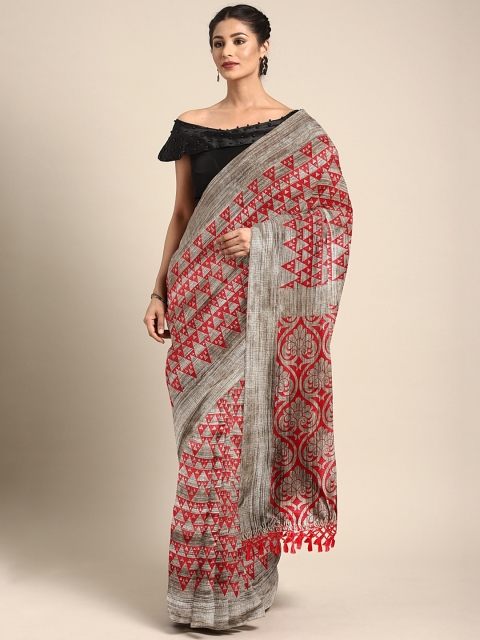 

Pothys Red & Grey Jute Cotton Geometric Printed Saree