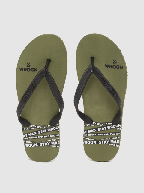 

WROGN Men Black & Olive Green Typography Print Thong Flip-Flops