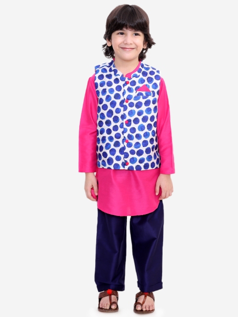 

Lil Peacock Boys Pink & Navy Blue Solid Kurta & Pyjamas with Jacket