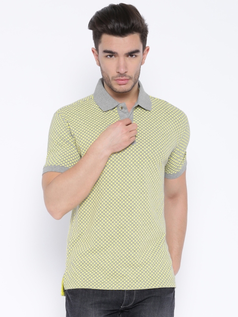

John Players Yellow Grey Printed Polo Pure Cotton T-shirt
