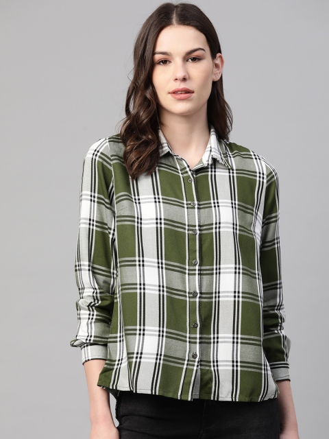 

Pepe Jeans Women Olive Green & White Regular Fit Checked Casual Shirt