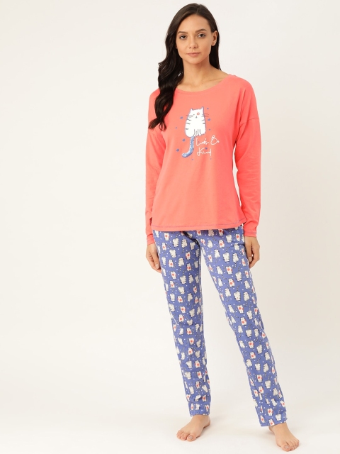 

Sweet Dreams Women Coral Orange & Blue Cat Print Night suit with Sequin Detail