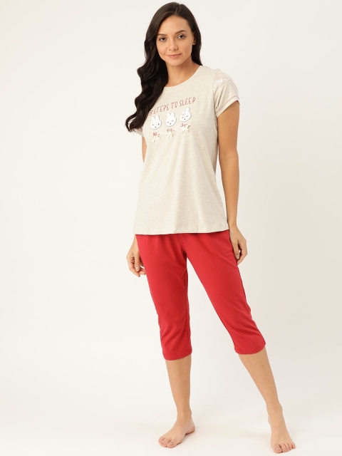 

Sweet Dreams Women Off-White & Red Embroidered Nightsuit