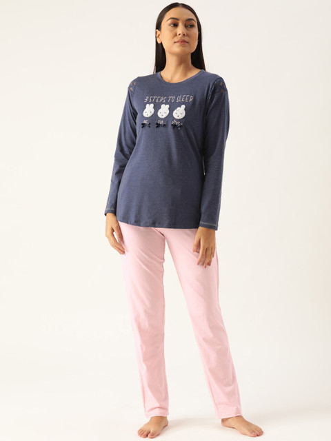 

Sweet Dreams Women Navy Blue & Pink Printed Night suit
