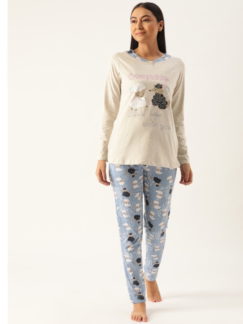 

Sweet Dreams Women Off-White & Blue Printed Night suit, Grey