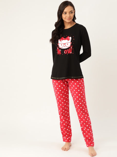 

Sweet Dreams Women Black & Red Printed Nightsuit