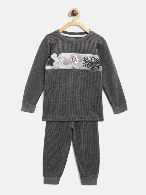 

Eteenz Boys Charcoal Grey Self-Striped Bugs Bunny Print Thermal Set