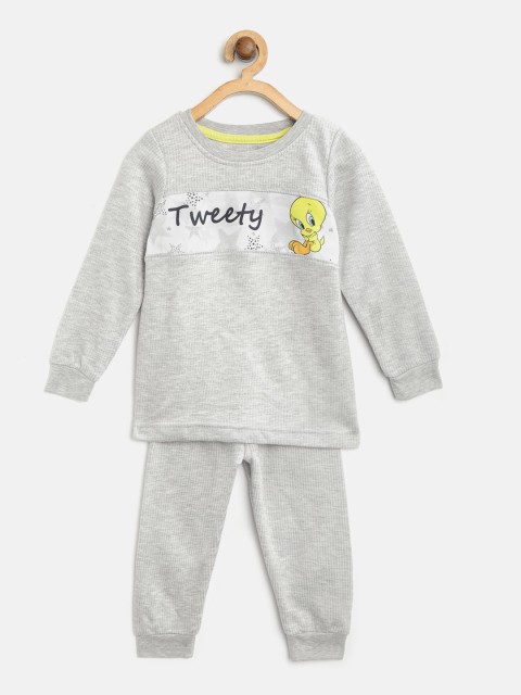 

Eteenz Girls Grey Melange Self-Striped & Tweety Print Thermal Set