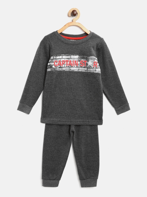 

Eteenz Boys Charcoal Grey Self-Striped Captain Star Print Thermal Set