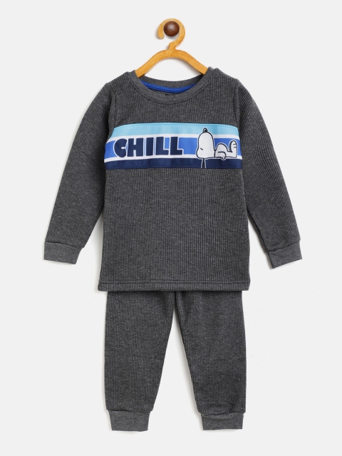 

Eteenz Boys Charcoal Grey Cotton Snoopy Printed Thermal Set