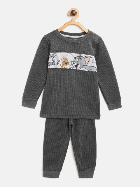 

Eteenz Boys Charcoal Grey Self-Striped Tom & Jerry Print Thermal Set