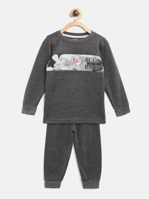 

Eteenz Boys Charcoal Grey Self-Striped Bugs Bunny Print Thermal Set, Grey melange