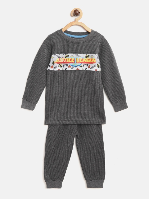 

Eteenz Boys Charcoal Grey Self-Striped Justice League Print Thermal Set