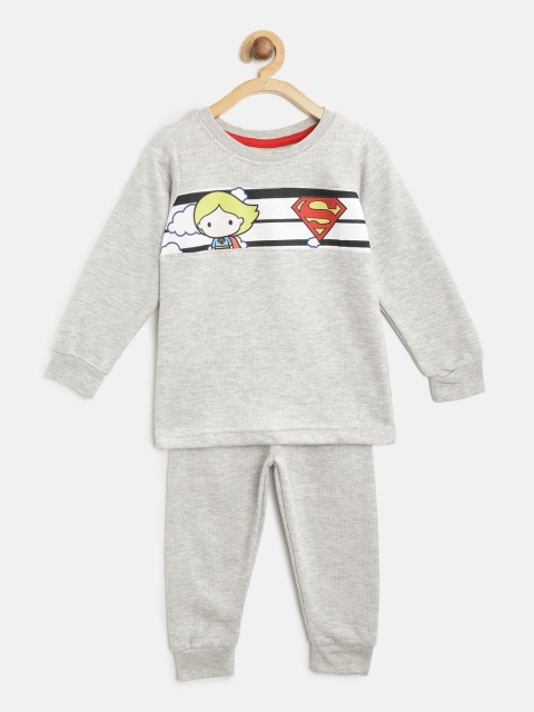 

Eteenz Girls Grey Melange Self-Striped & Superman Print Thermal Set