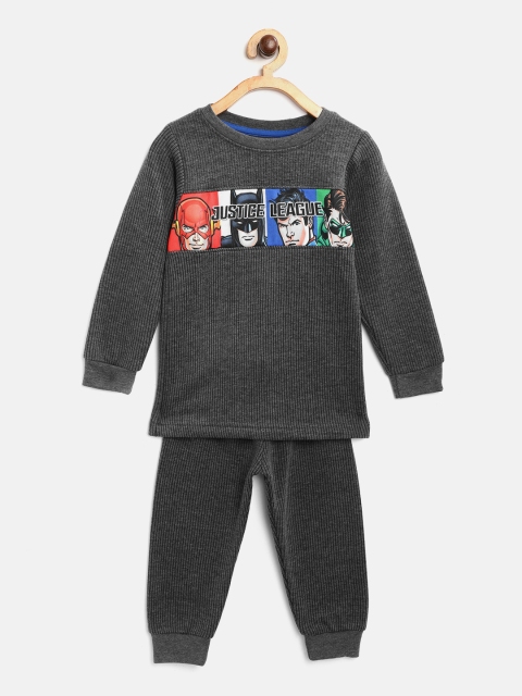 

Eteenz Boys Charcoal Grey Self-Striped Justice League Print Thermal Set