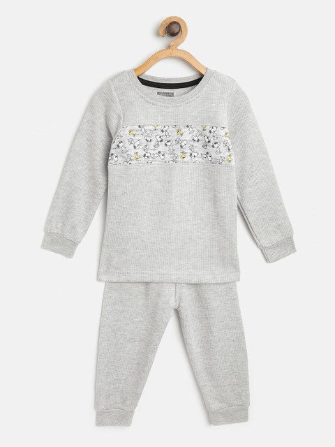 

Eteenz Girls Grey Melange Self Striped & Snoopy Print Thermal Set