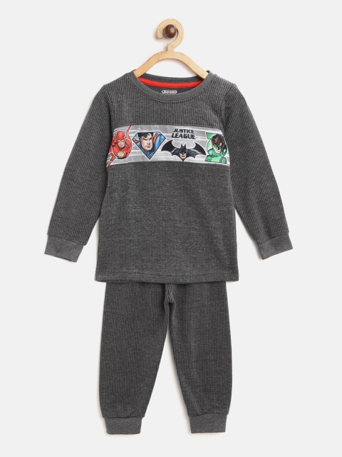 

Eteenz Boys Charcoal Grey Self-Striped Justice League Print Thermal Set