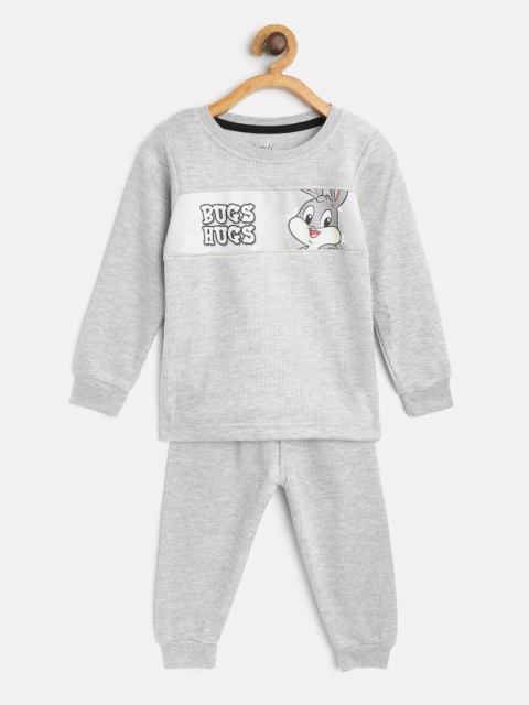 

Eteenz Girls Grey Melange Self Striped & Bugs Bunny Print Thermal Set
