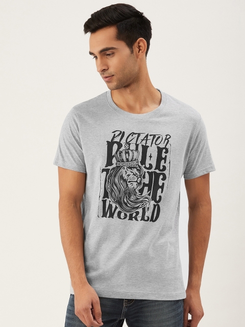 

THE CHAMBAL Men Grey Melange & Black Lion & Typography Print Round Neck Bio-Wash T-shirt