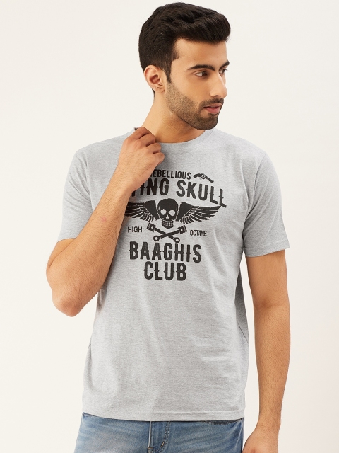 

THE CHAMBAL Men Grey Melange & Black Typography & Skull Print Round Neck Bio-Wash T-shirt