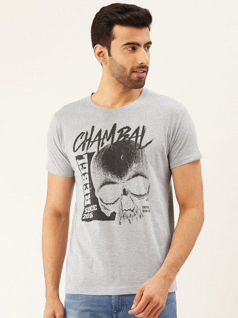 

THE CHAMBAL Men Grey Melange & Black Skull & Typography Print Round Neck Bio-Wash T-shirt