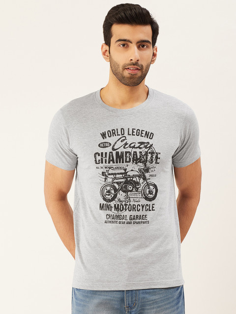 

THE CHAMBAL Men Grey Melange & Black Biker Printed Round Neck T-shirt