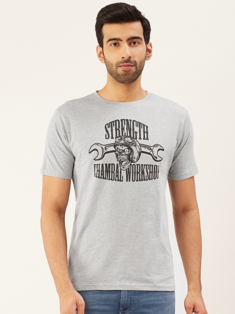 

THE CHAMBAL Men Grey Melange & Black Printed Round Neck T-shirt