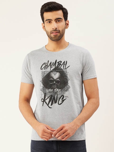 

THE CHAMBAL Men Grey Melange & Black Skull Printed Round Neck T-shirt