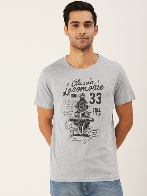 

THE CHAMBAL Men Grey Melange & Black Printed Round Neck T-shirt