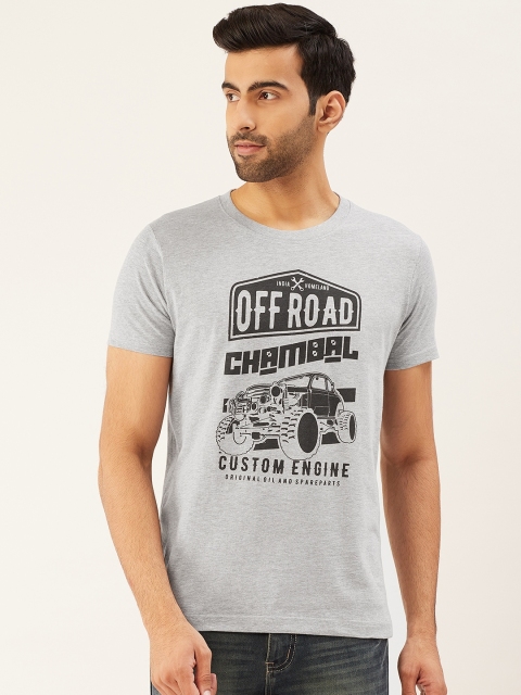 

THE CHAMBAL Men Grey Melange & Black Printed Round Neck T-shirt