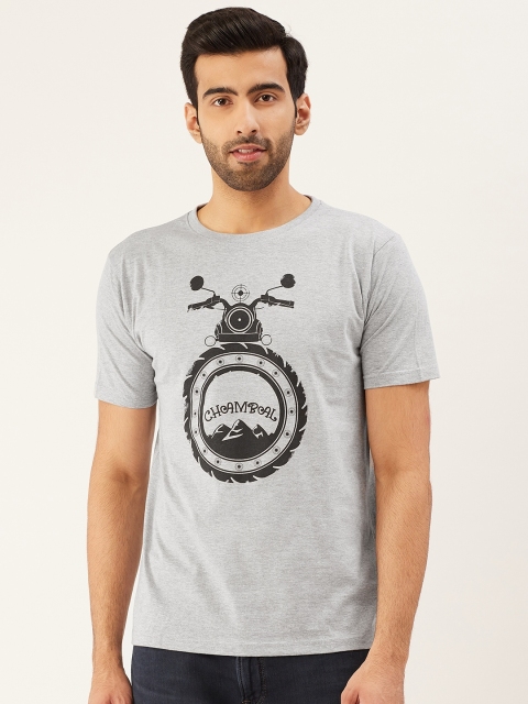 

THE CHAMBAL Men Grey Melange & Black Biker Printed Round Neck T-shirt