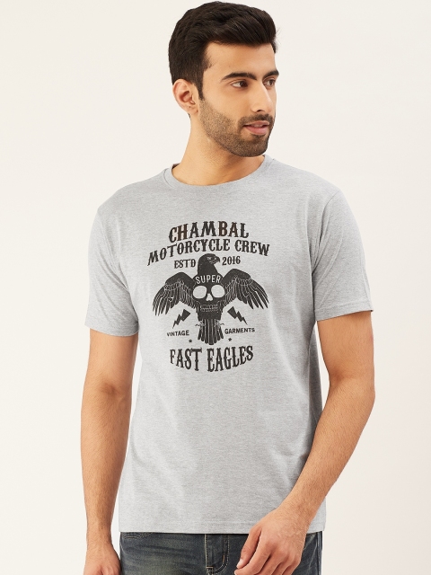 

THE CHAMBAL Men Grey Melange & Black Eagle Printed Round Neck T-shirt