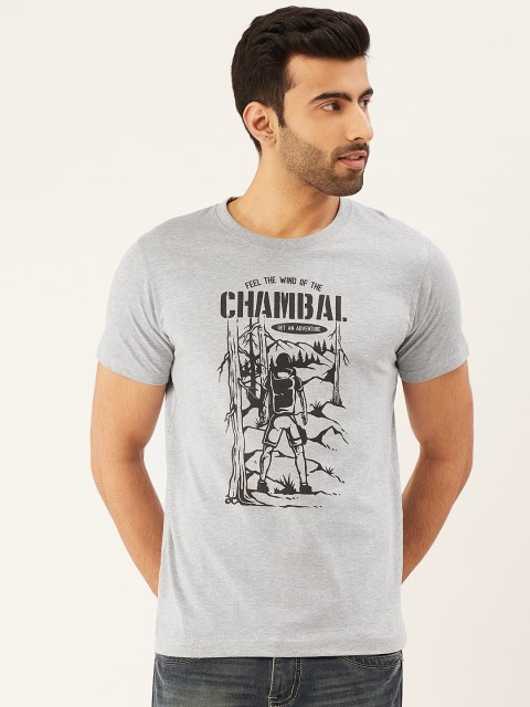 

THE CHAMBAL Men Grey Melange & Black Printed Round Neck T-shirt