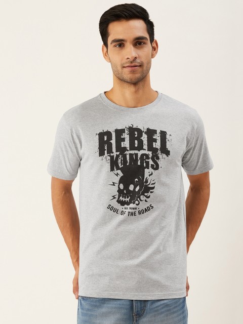 

THE CHAMBAL Men Grey Melange & Black Graphic Print Round Neck T-shirt
